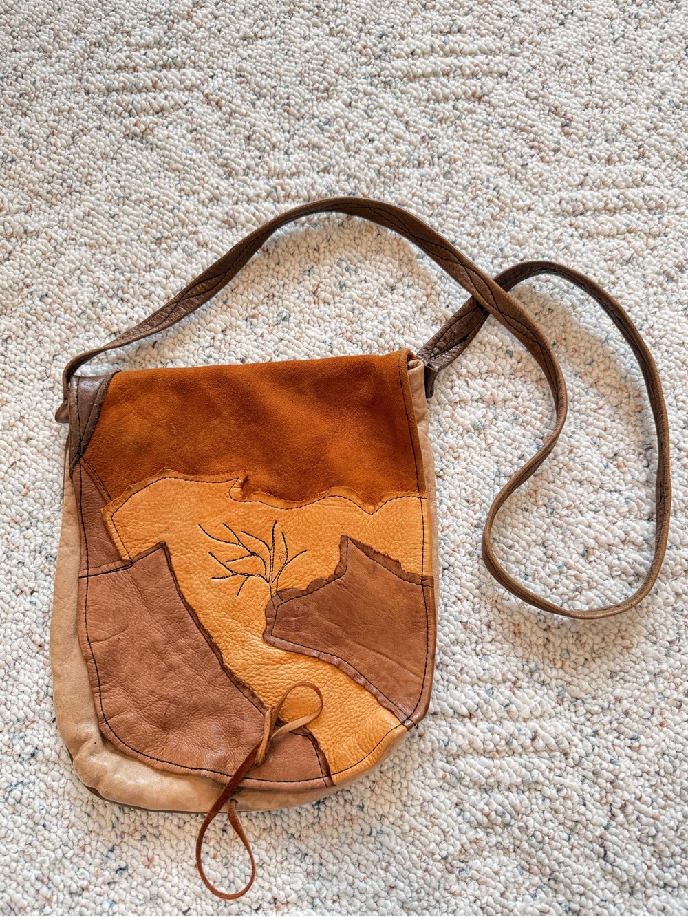 Vintage 1970s Handmade Patchwork Leather & Suede Crossbody Bag – Tree Motif